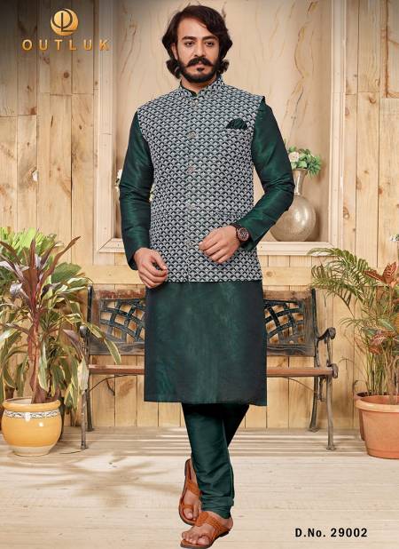 Green Colour Outluk 29 Art Silk With Lucknowi Work Party Wear Kurta Pajama With Modi Jacket Mens Collection 29002
